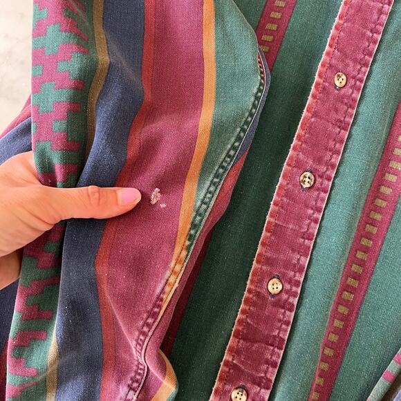 Vintage 90s Men's Distressed Aztec Striped Button Down Long Sleeve Shirt / XL - Picture 5 of 8